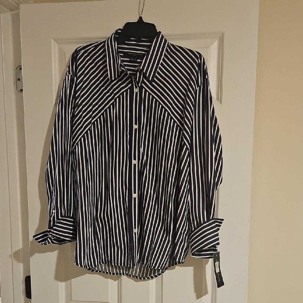 French Connection Womens Navy & White Vertical Stripe Button-Down Shirt